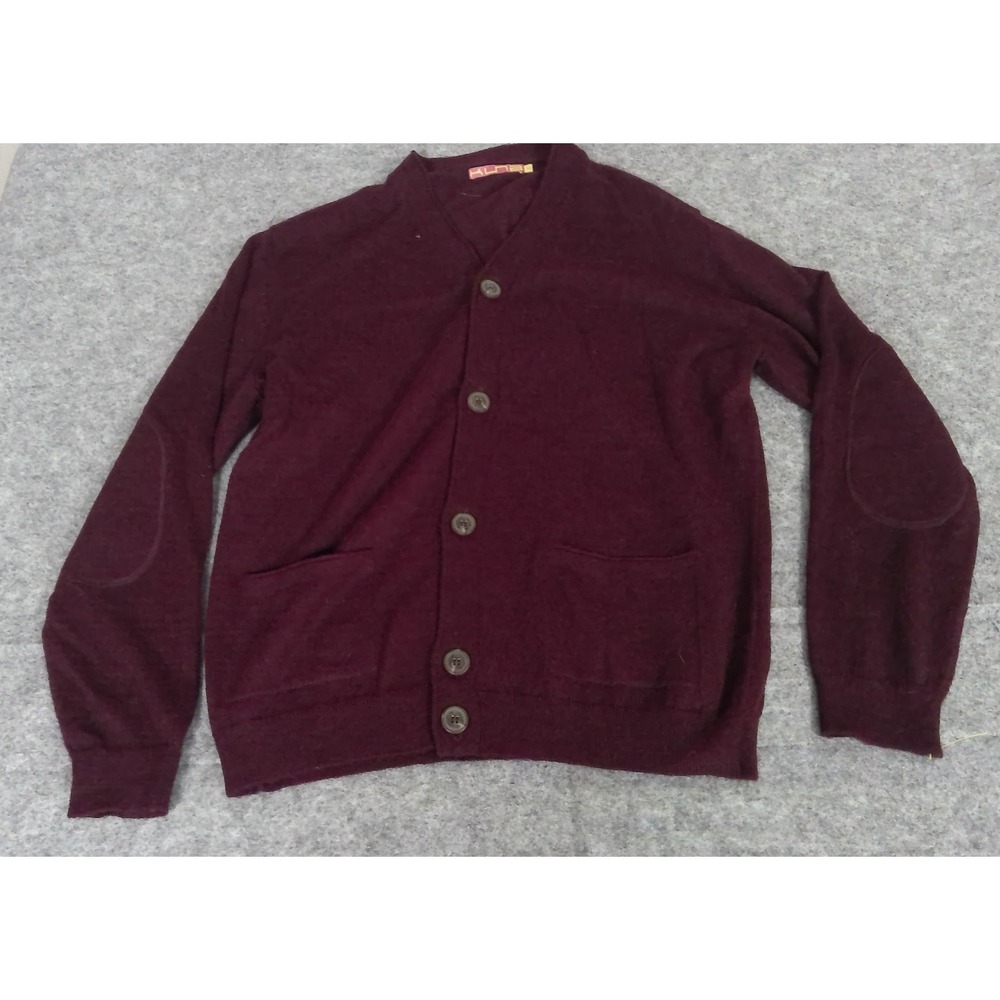 KUNA Baby Alpaca Cardigan Mens XL Burgundy Peru Elbow Patch Sweater Quiet Luxury
